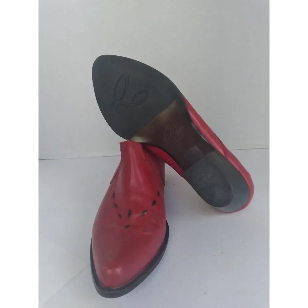 Vintage Red Leather Western Ankle Boots‎ with Cutout Detail Low Cuban Heel